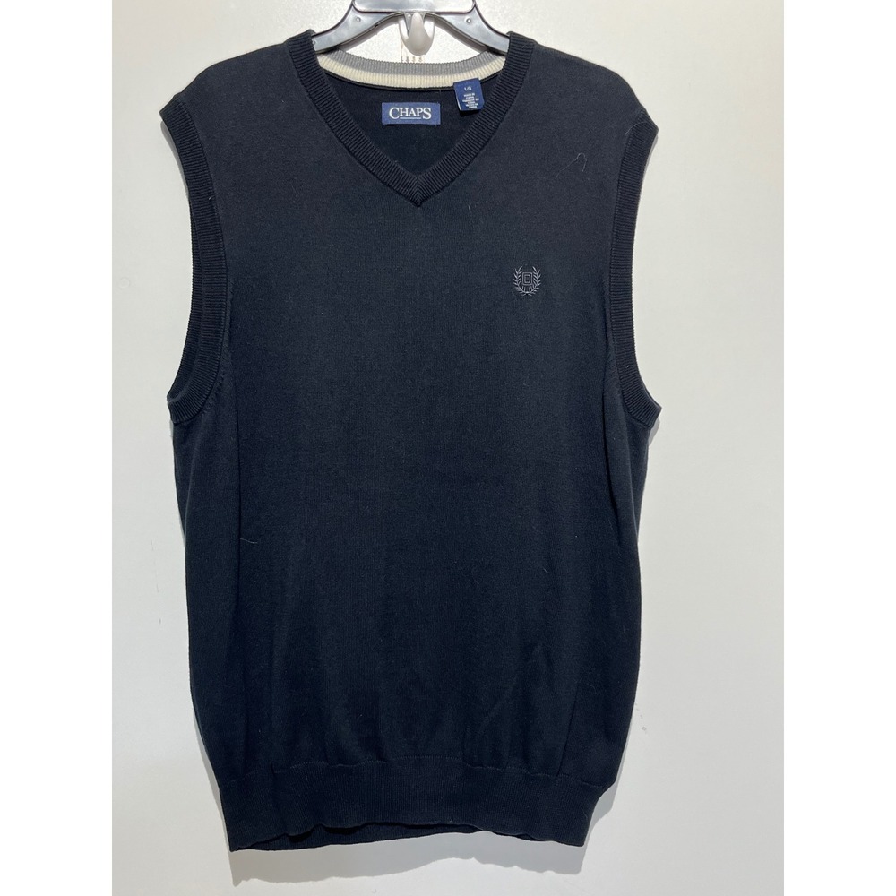 Chaps Mens V-Neck Sweater Vest Navy Blue 100% Cotton Large Embroidered Logo